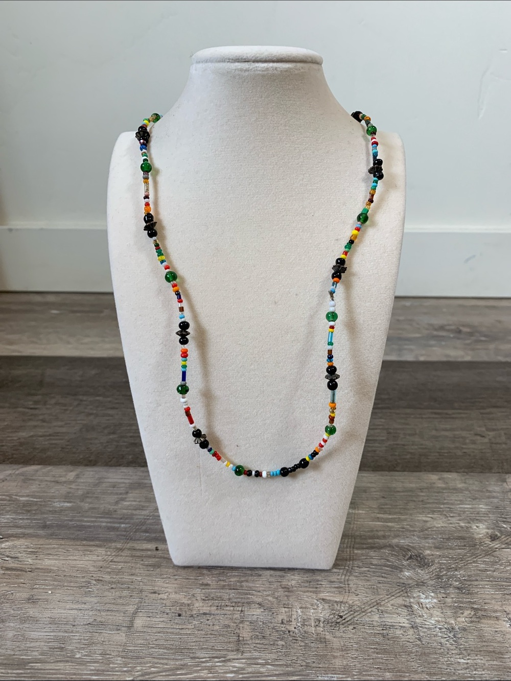 Multicolor Seed Bead Necklace with Black Accents